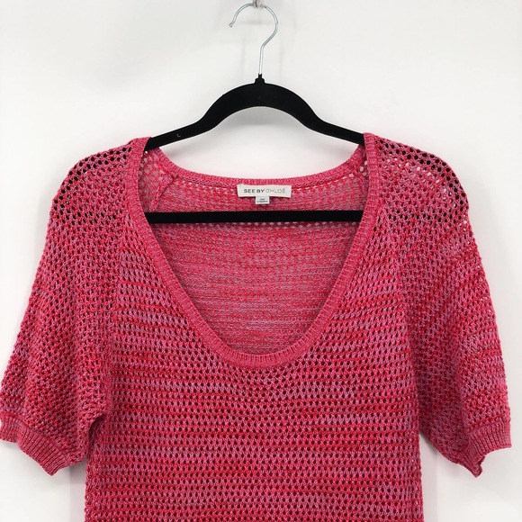 See by Chloe Blouse Rib Knit Openwork Scoop Neck Short Sleeve Curve Hem Pink 8 - Picture 2 of 9